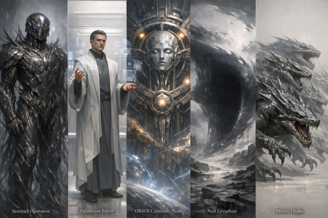 Five STAR KEEP character panels including the Sentinel Operative, Palimpsest Editor, DRAOI Continuity Node, Null Leviathan, and Mirror Drake.
