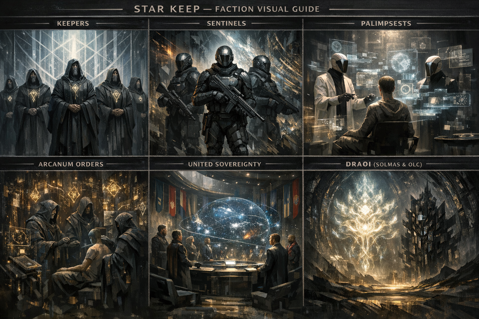 STAR KEEP visual guide collage showing the Keepers, Sentinels, and Palimpsests beside allied orders.