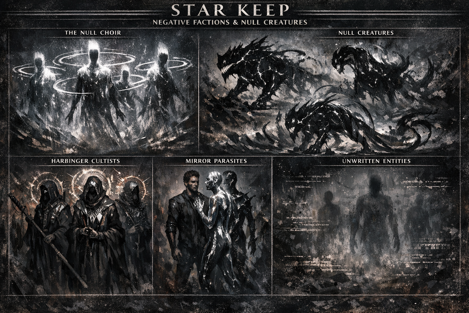 A monochrome STAR KEEP guide to hostile null creatures and negative factions.