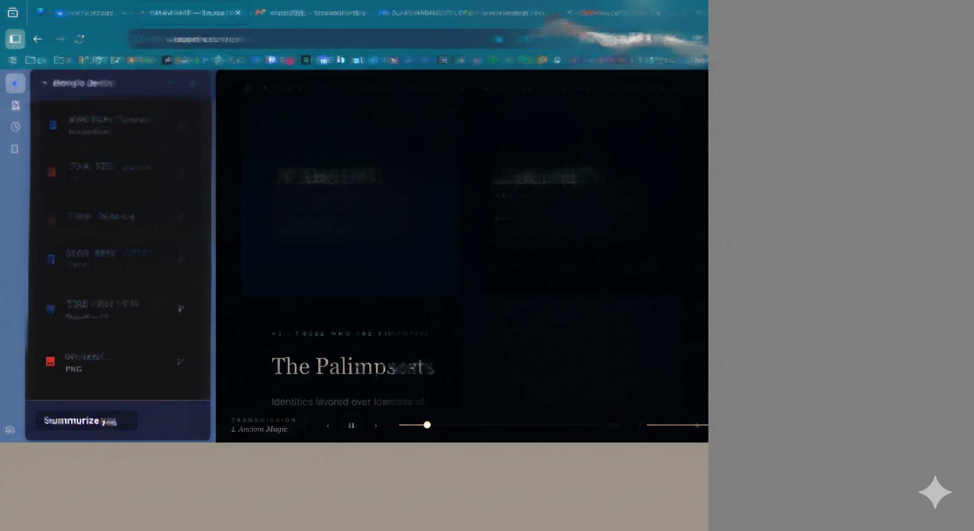 Dark interface reference showing a STAR KEEP page overlaid with a floating search panel and persistent audio rail.
